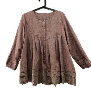 Yiyi Boho Peasant Tunic Top Crochet Hem Button Front Pleated Womens M